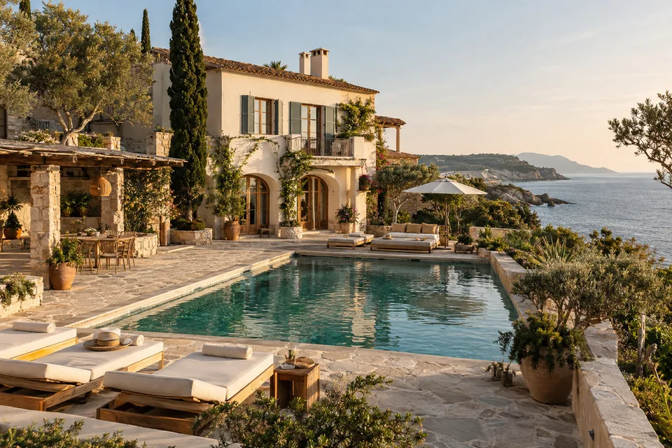 Coastal hotel courtyard with cream stucco walls, terracotta roofs and a swimming pool.