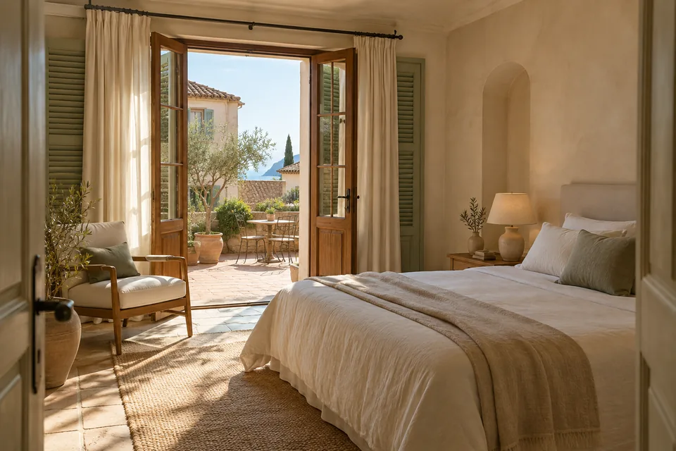 Hotel bedroom with neutral linens, warm wood furnishings and a courtyard outlook.