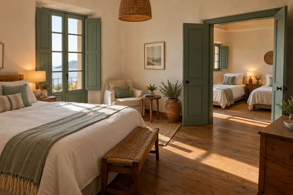 A family hotel suite with sleeping and sitting areas.