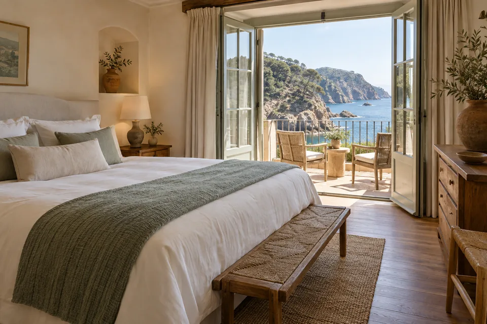 A coastal hotel room overlooking the sea.