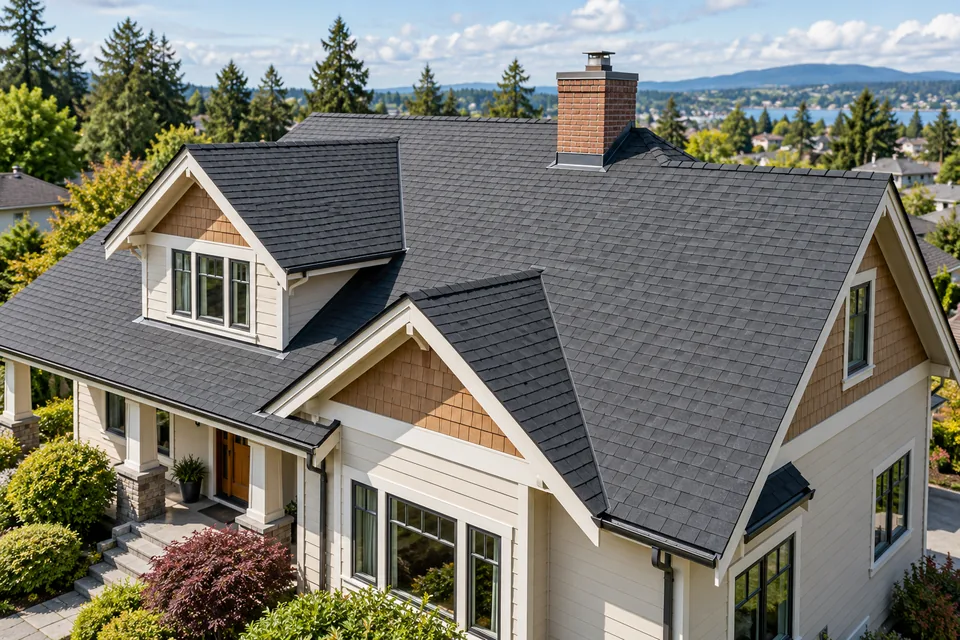 Charcoal shingle roof with a chimney and metal flashing.