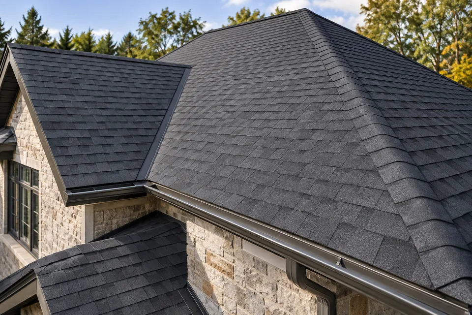 A house with a charcoal shingle roof, showing the covering, edges and drainage.