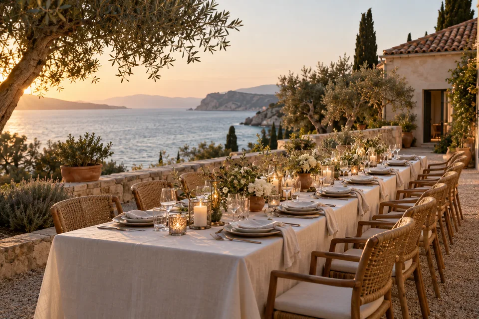 A long dinner table arranged in a coastal hotel garden.