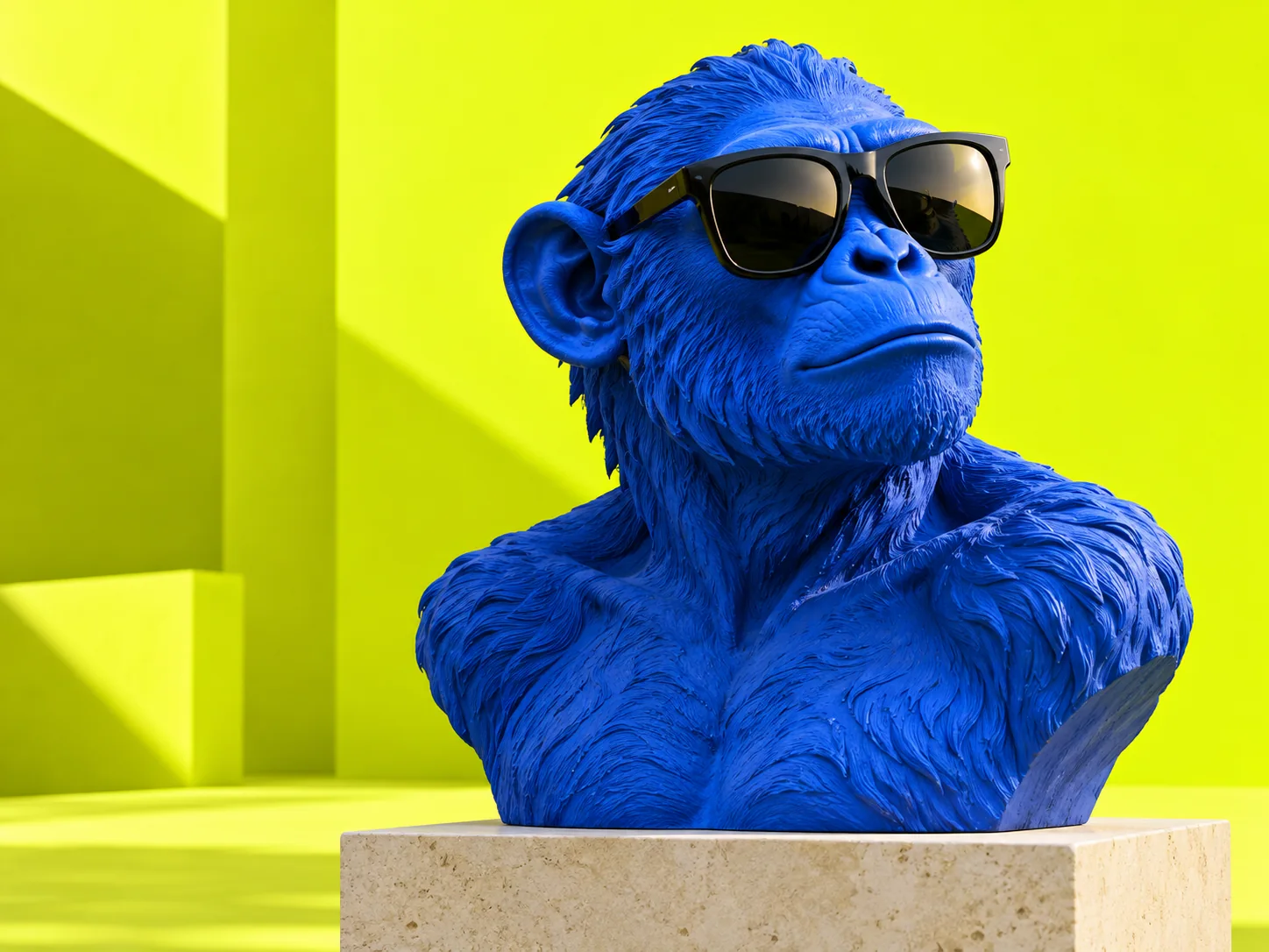 A cobalt-blue monkey sculpture wearing sunglasses on an acid-green background.