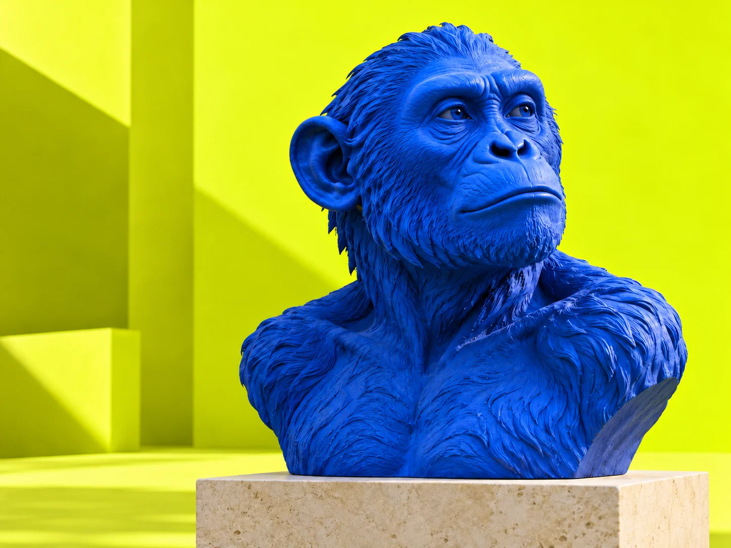 A cobalt-blue monkey sculpture on an acid-green background.
